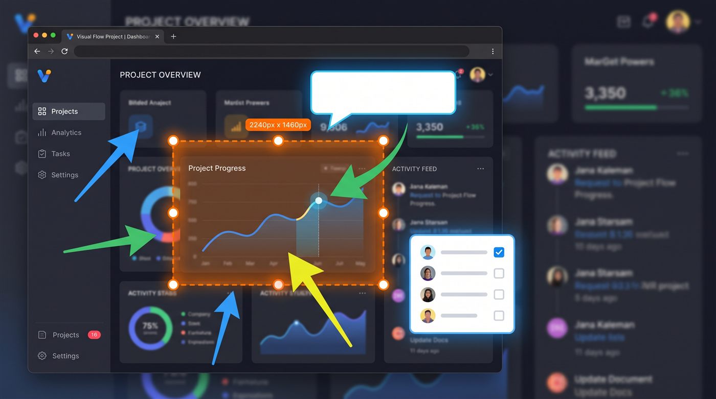 Screen Slinger capturant un tableau de bord : cadre de sélection avec dimensions, flèches colorées, bulle d'explication et liste de contrôle